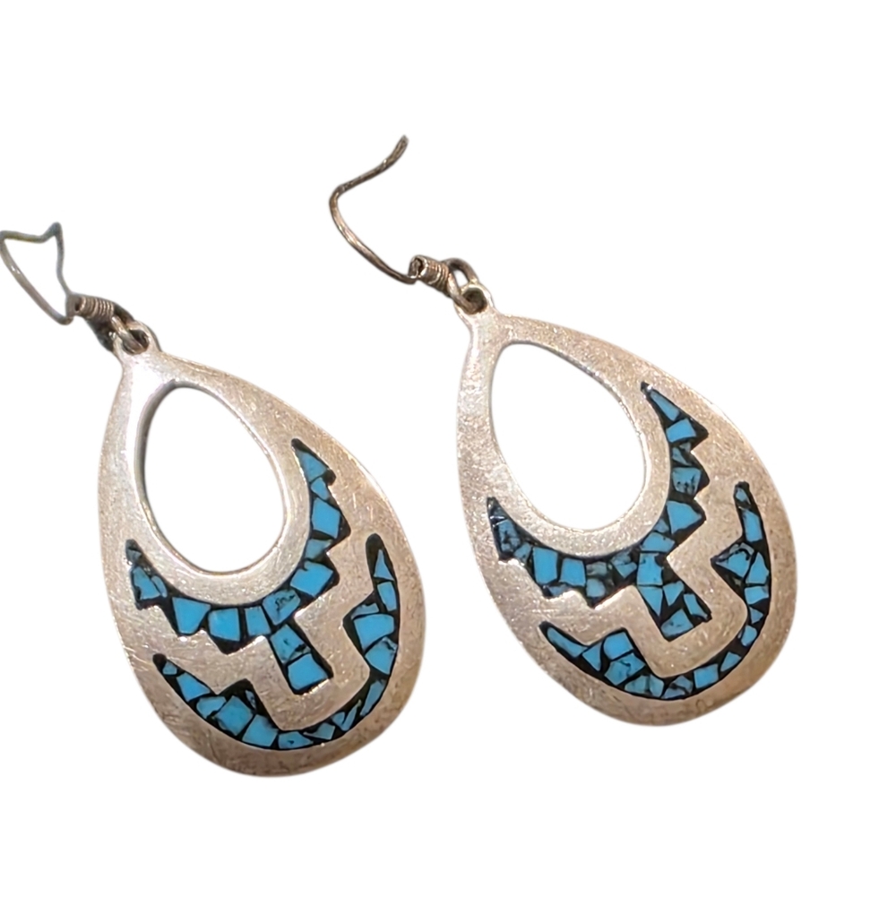 Sterling Silver 925 Turquoise Inlay Teardrop Dangle Earrings – Mexico Southwest